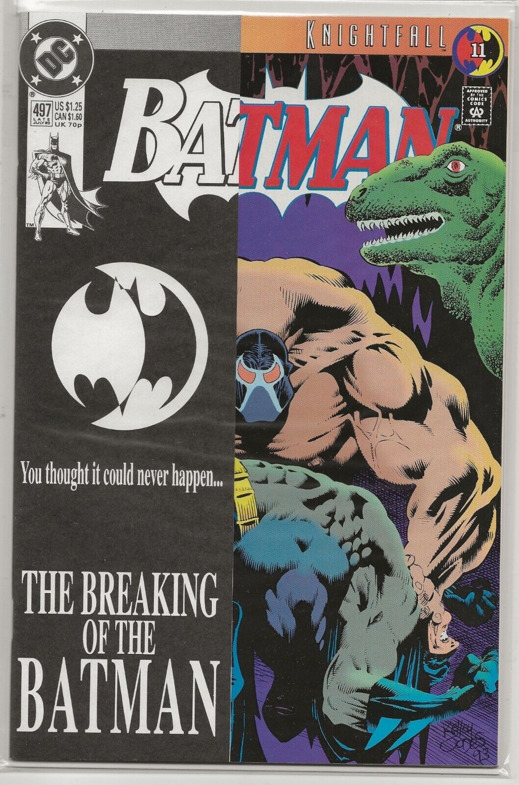Batman #497 1993 DC Comics: Bane breaks Batman's back; Card stock overlay