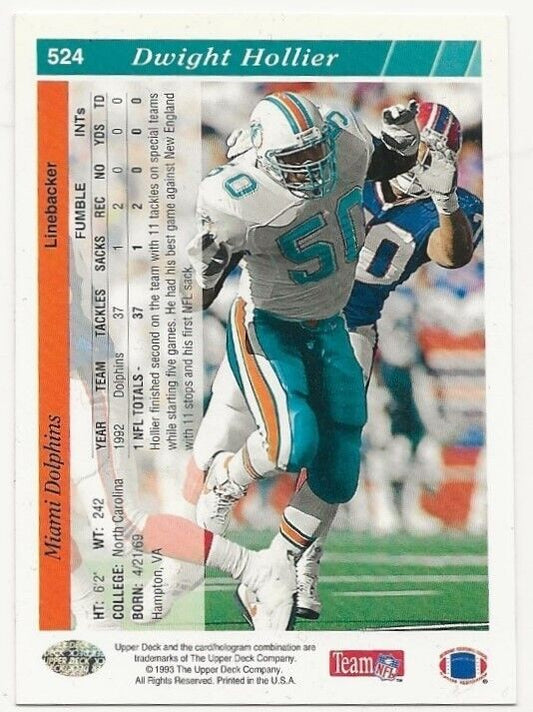Dwight Hollier 1993 Upper Deck #524 Miami Dolphins Football NFL