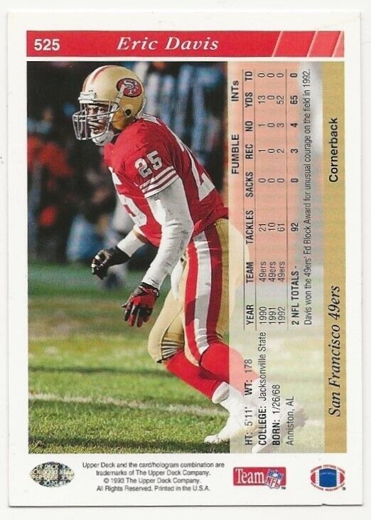 Eric Davis 1993 Upper Deck #525 San Francisco 49ers Football NFL