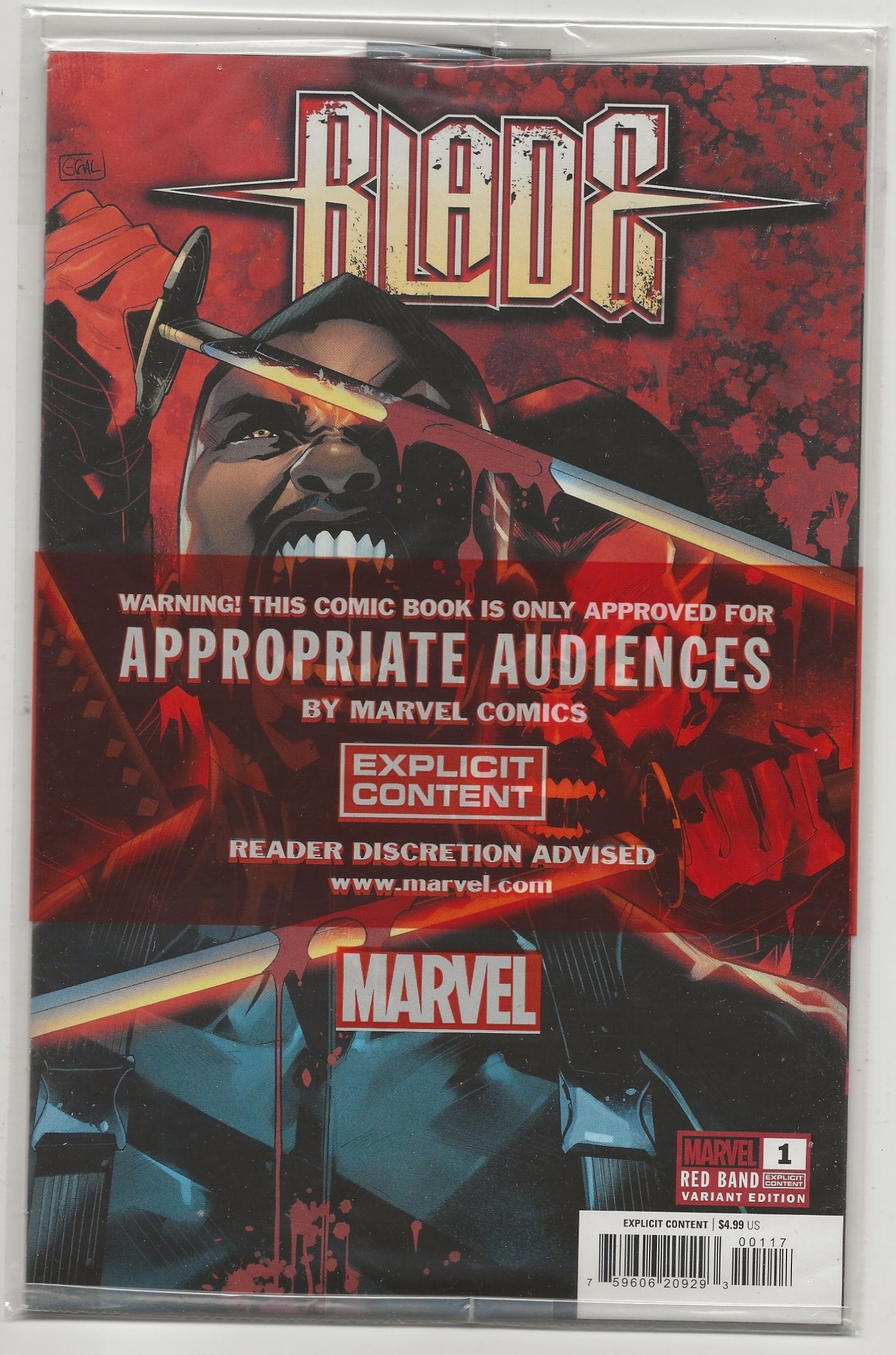 Marvel Comics Blade #1 Red Hood Variant Edition comic book in a clear plastic protective sleeve, featuring a red and black cover with a portrait of Blade and a prominent explicit content banner.