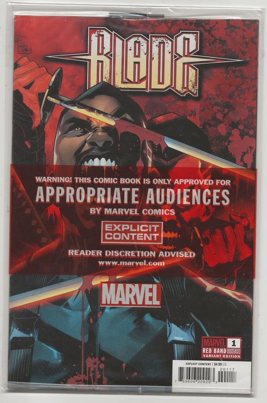 Marvel Comics Blade #1 Red Hood Variant Edition comic book in a clear plastic protective sleeve, featuring a red and black cover with a portrait of Blade and a prominent explicit content banner.