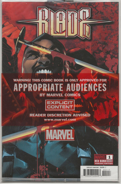 Marvel's Blade #1 comic book, variant edition, featuring a red and black cover with the character Blade and a prominent 'Explicit Content' warning sticker across the middle.