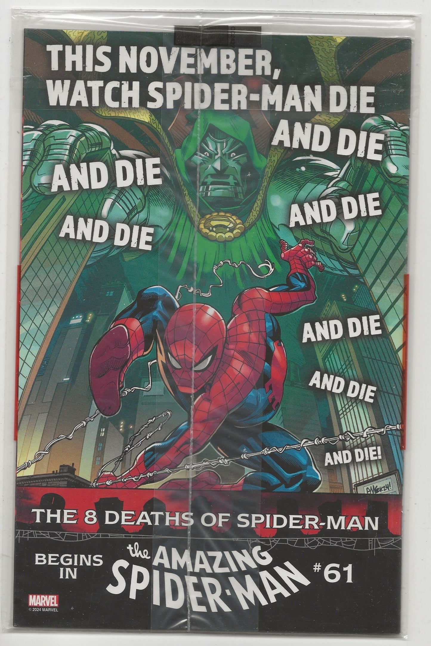 A comic book cover for Marvel's The Amazing Spider-Man #61, featuring a dramatic illustration of Spider-Man facing off against Green Goblin. The cover has bold white text with black outlines and a black background at the bottom.