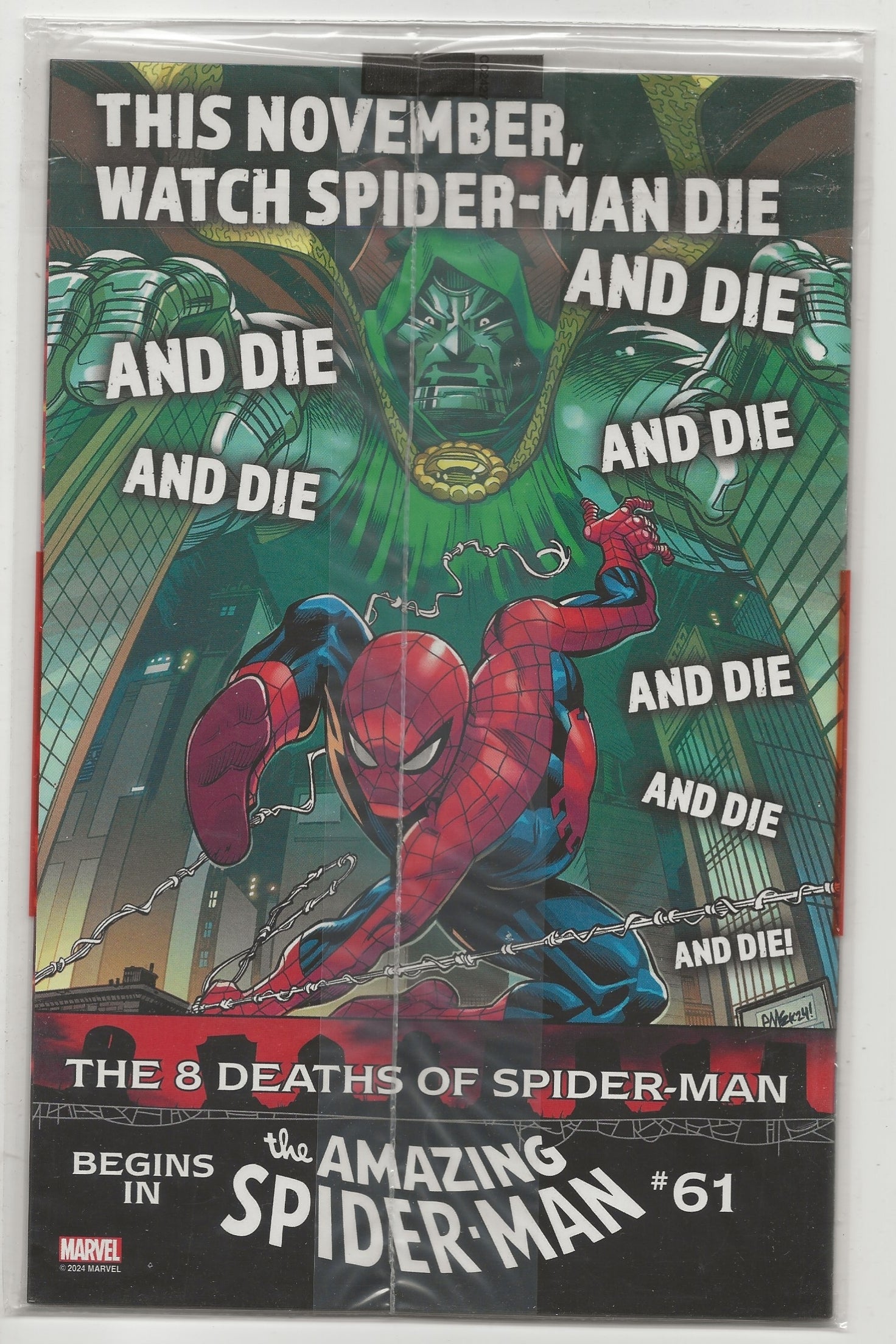 A comic book cover for Marvel's The Amazing Spider-Man #61, featuring a dramatic illustration of Spider-Man facing off against Green Goblin. The cover has bold white text with black outlines and a black background at the bottom.