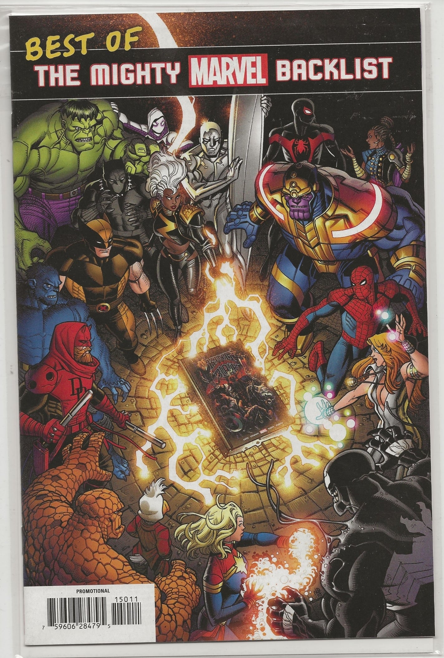 A comic book cover titled 'BEST OF THE MIGHTY MARVEL BACKLIST' featuring a large group illustration of Marvel characters surrounding a glowing comic book. The cover has a white border and barcode at the bottom.