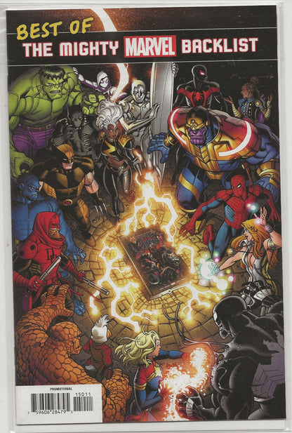 A comic book cover titled 'BEST OF THE MIGHTY MARVEL BACKLIST' featuring a large group illustration of Marvel characters surrounding a glowing comic book. The cover has a white border and barcode at the bottom.