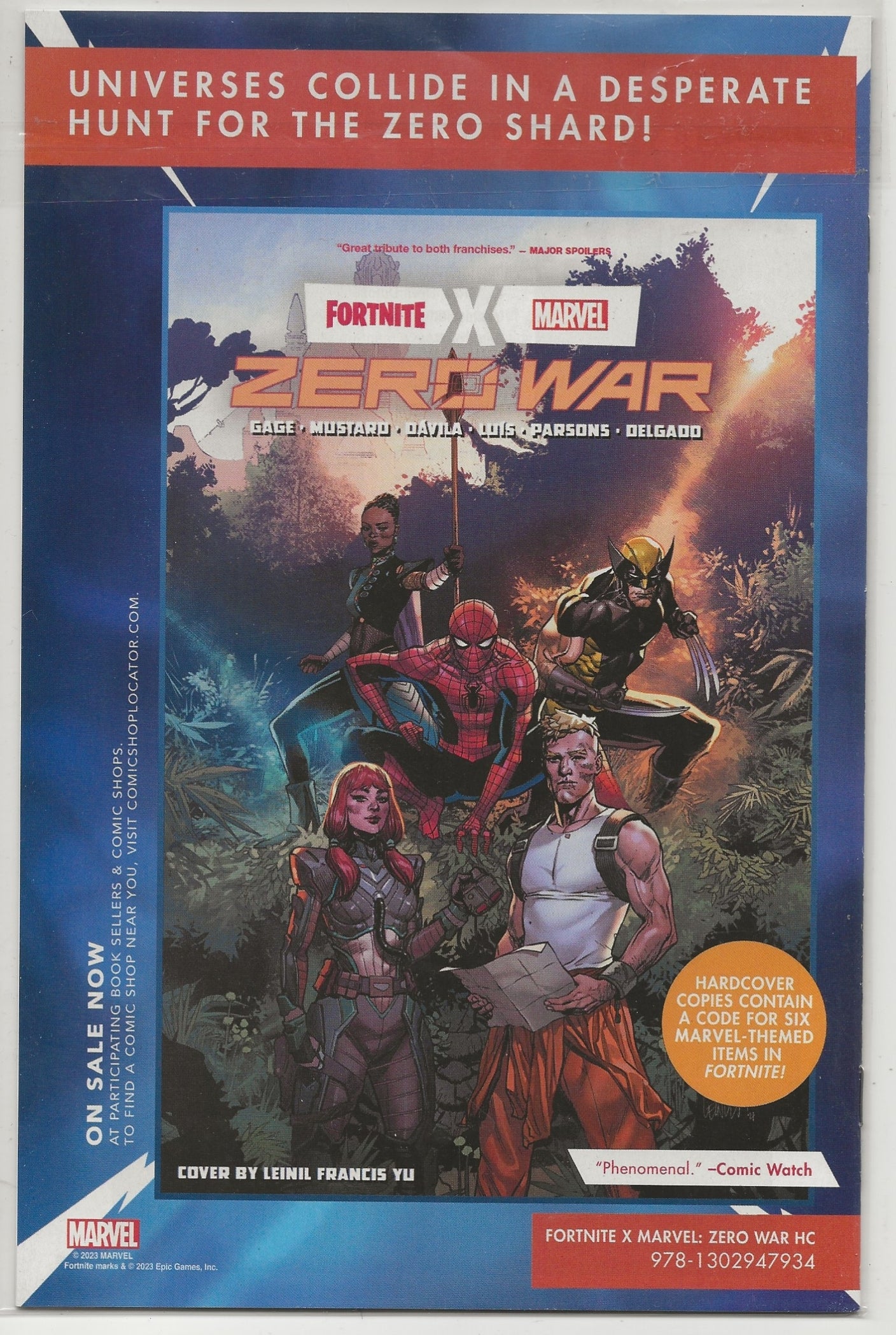A comic book cover for Fortnite x Marvel Zero War, featuring illustrated characters including Spider-Man, Eileen Gu, and others in a sci-fi jungle setting. The cover has a blue border and promotional text, with visible Marvel and Fortnite branding.