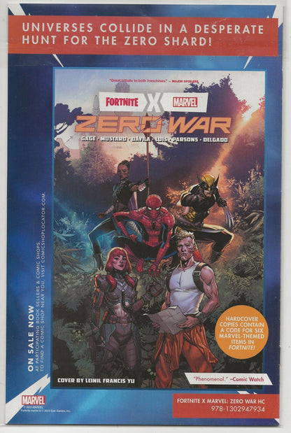 A comic book cover for Fortnite x Marvel Zero War, featuring illustrated characters including Spider-Man, Eileen Gu, and others in a sci-fi jungle setting. The cover has a blue border and promotional text, with visible Marvel and Fortnite branding.