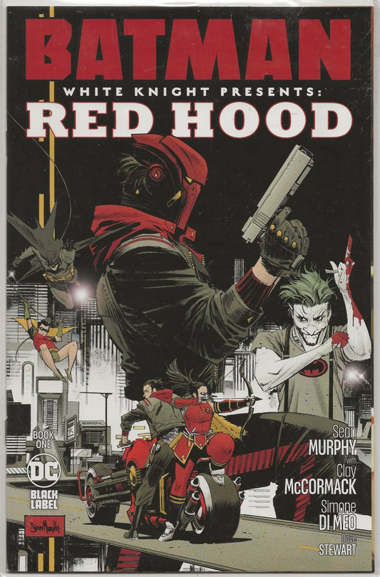 Comic book cover for Batman: White Knight Presents: Red Hood, featuring a large illustrated figure in a red hood and mask holding a gun, with other characters and vehicles in a black-and-red city scene. Visible text includes Batman, White Knight Presents, Red Hood, and DC.
