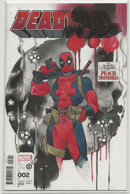 Deadpool #2 comic book cover from Marvel, featuring Deadpool in a red and blue suit with a sword on his back, set against a black and white circular background with red blood drips and bullet-hole effects. The Marvel logo is visible in the bottom-left corner.