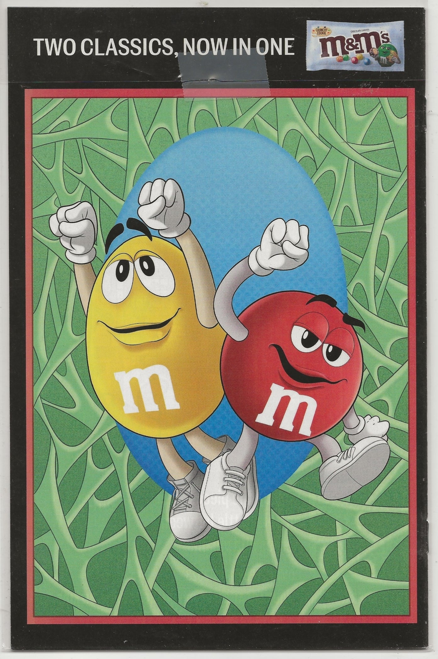 A single collectible trading card featuring the classic red and yellow M&M's characters dancing together on a green leafy background. The card has a black border with the text 'TWO CLASSICS.