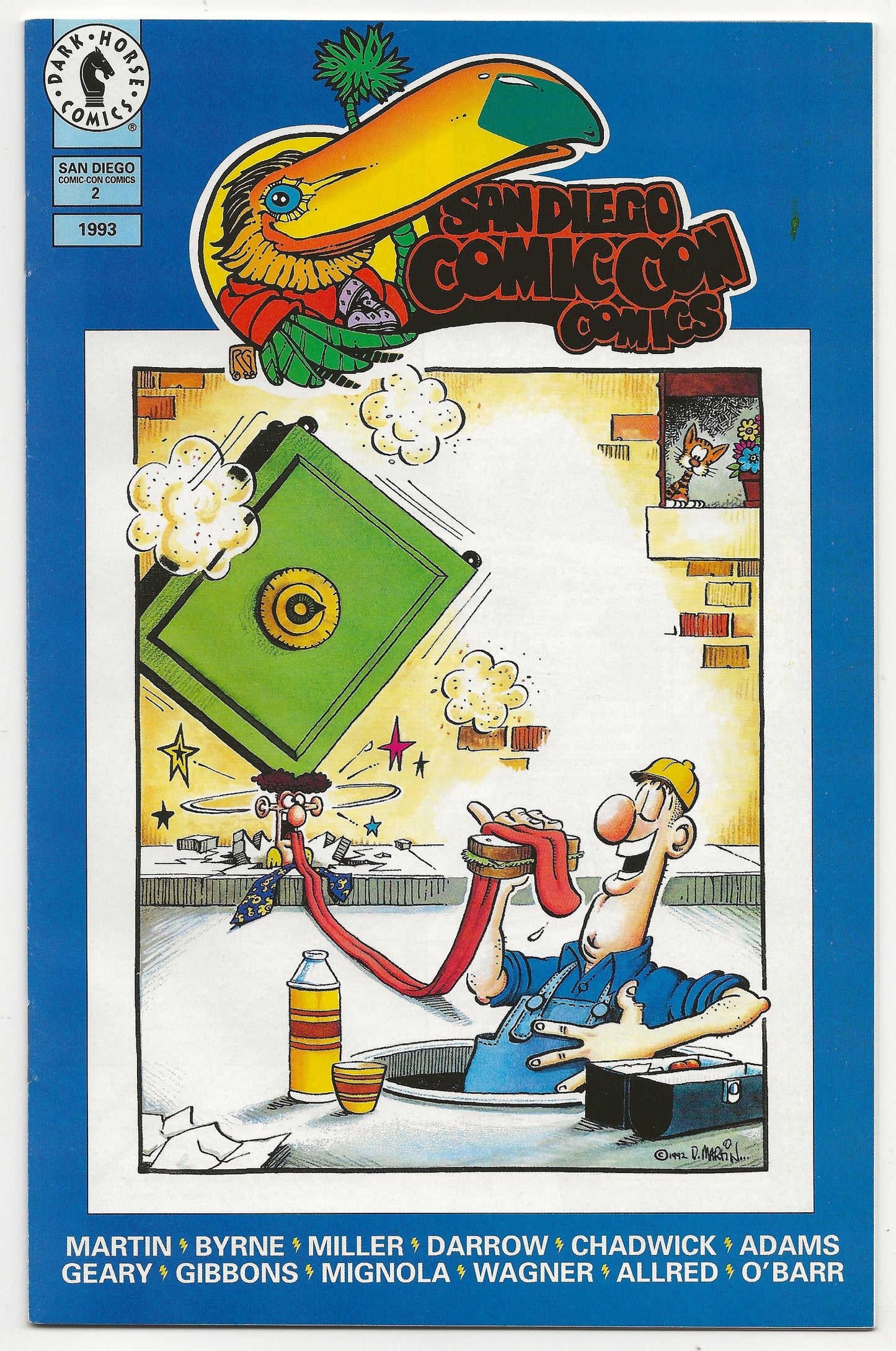 Comic book cover featuring a cartoon character with a green box and colorful background, San Diego Comic-Con 2002 edition.