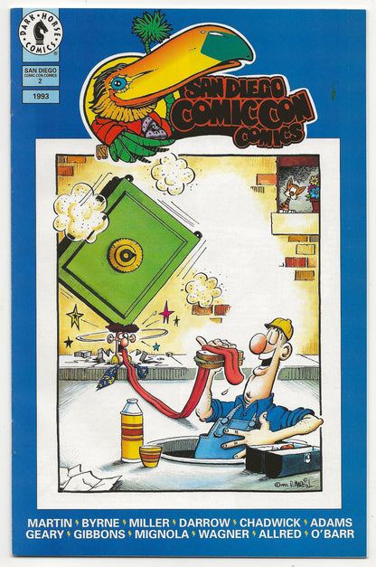 Comic book cover featuring a cartoon character with a green box and colorful background, San Diego Comic-Con 2002 edition.