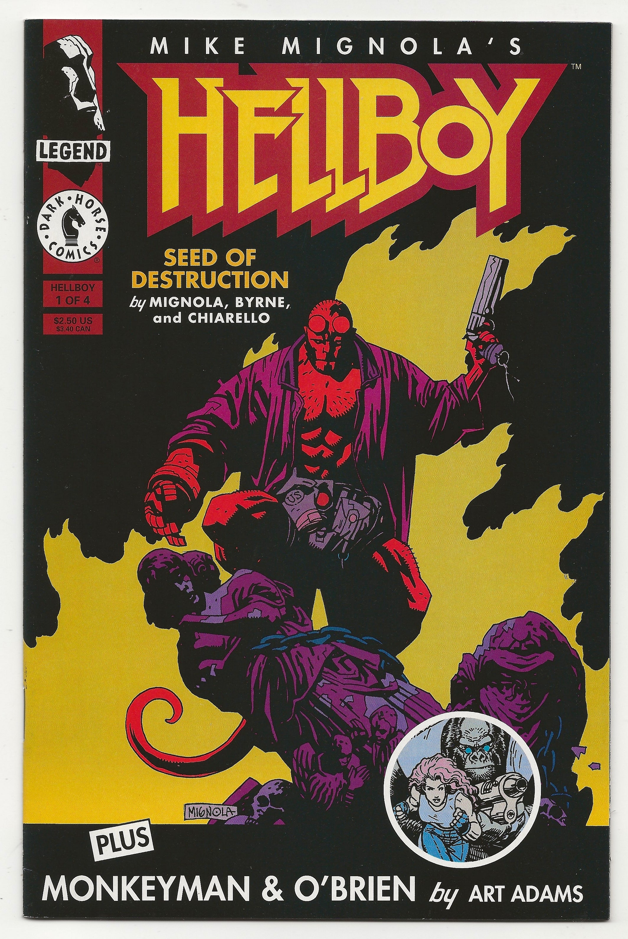Comic book cover of 'Hellboy: Seed of Destruction' with Hellboy and Monkeyman on the cover.