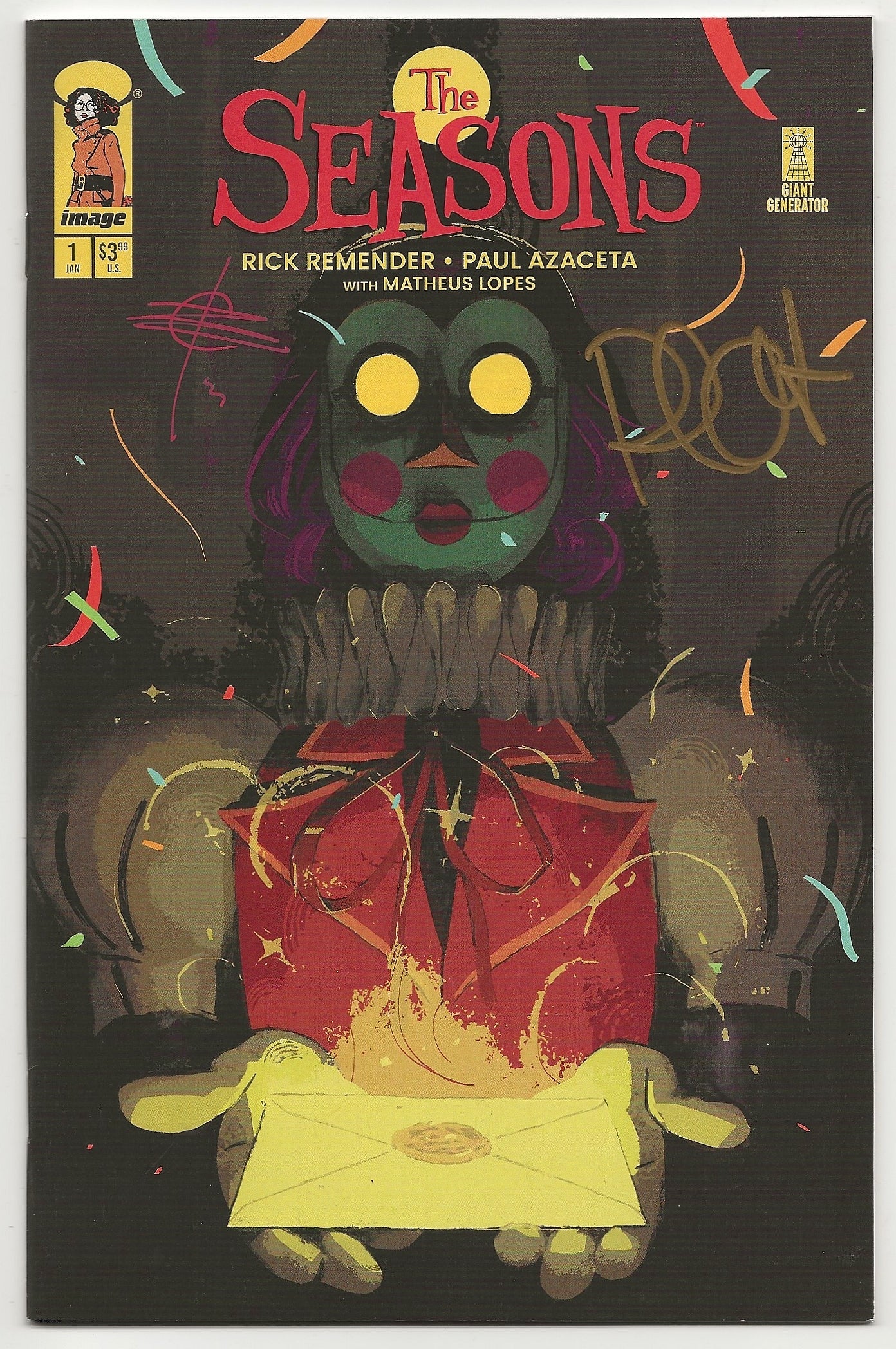 Comic book cover titled 'The Seasons' with a stylized character holding a gift.