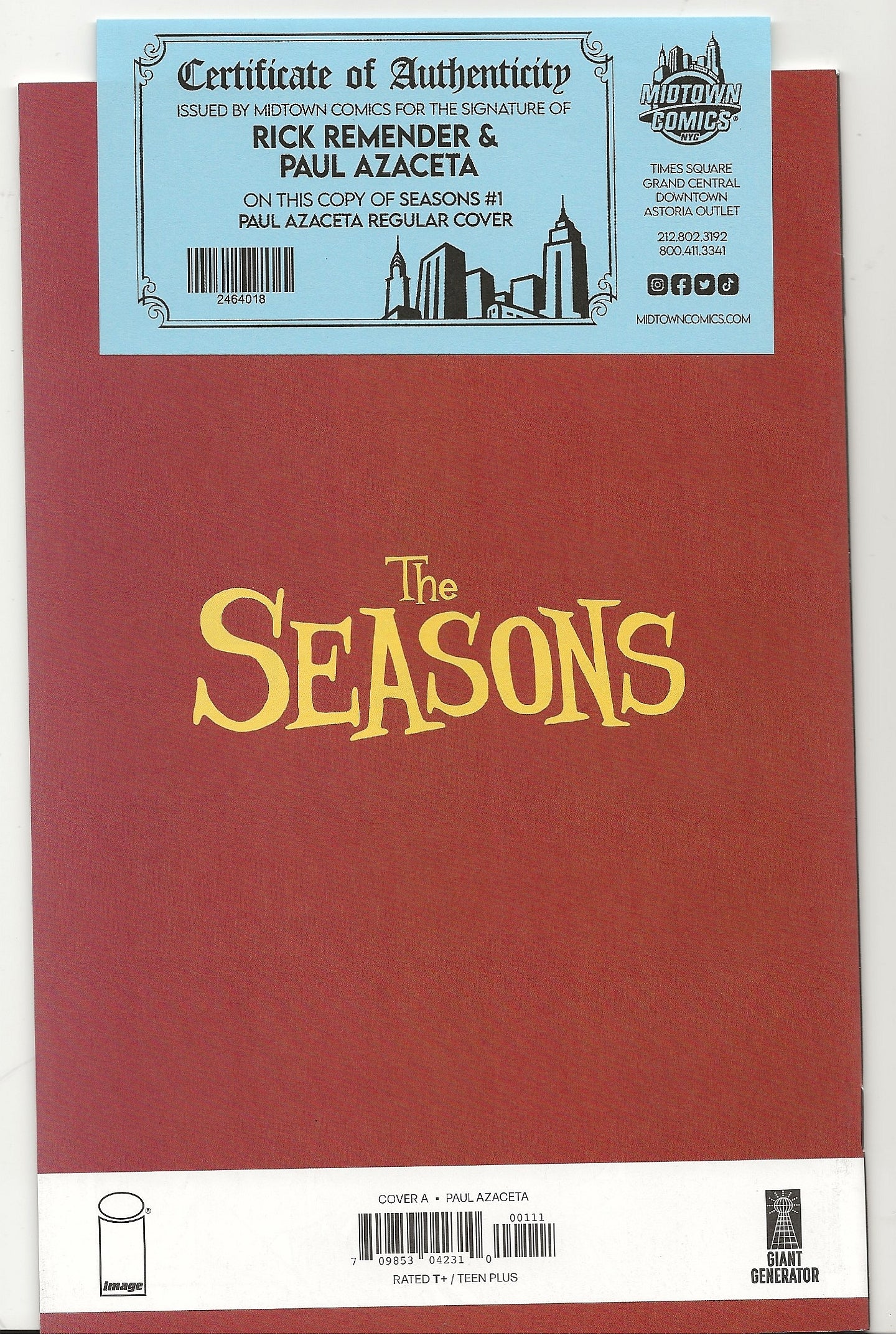 Comic book cover of 'The Seasons' with a certificate of authenticity on top