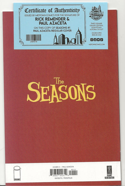 Comic book cover of 'The Seasons' with a certificate of authenticity on top