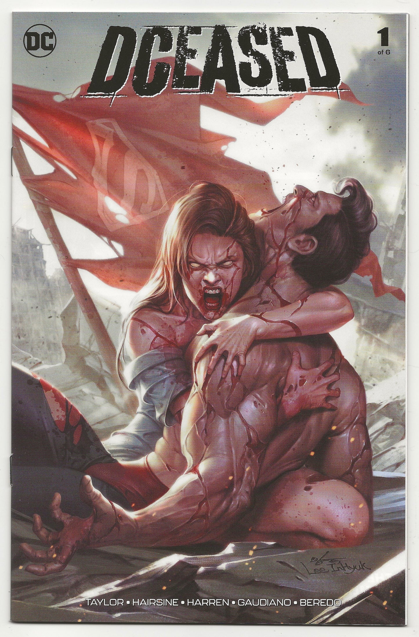 Comic book cover for DC's 'Dceased' issue #1, featuring illustrated artwork of a bloody struggle scene with two figures, a torn red flag, and a smoky gray background.