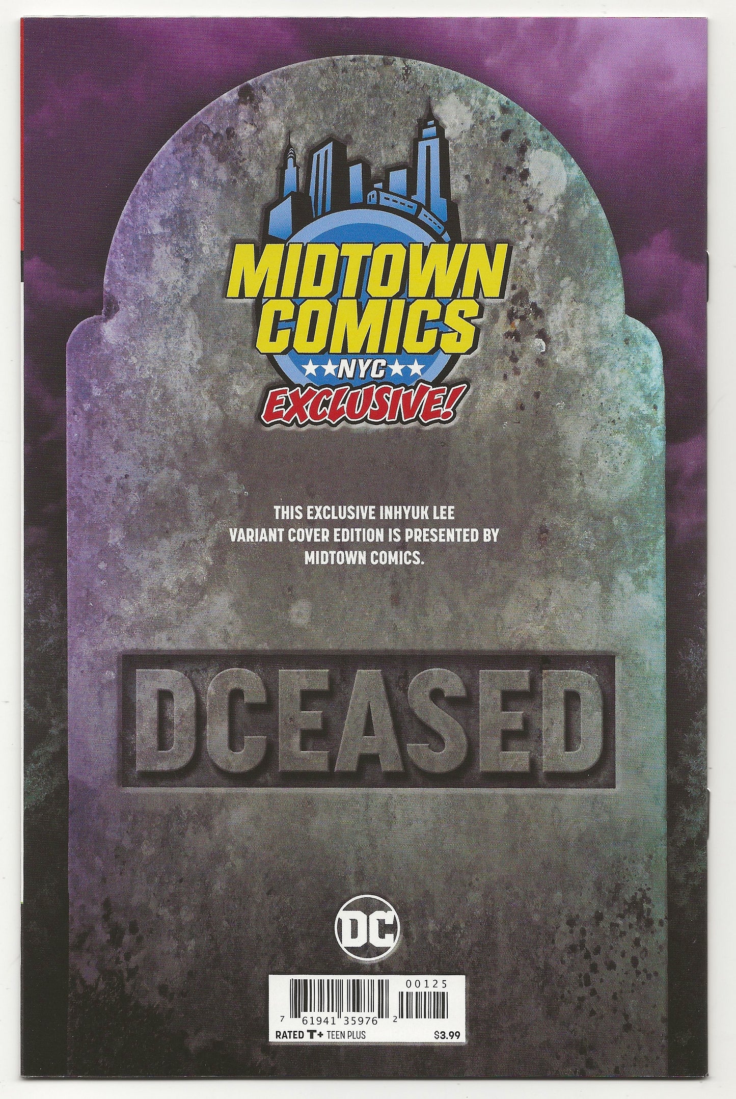 Comic book cover for DC's Midtown Comics NYC Exclusive 'DCEASED' variant cover edition, featuring a tombstone graphic with a purple sky background and the DC logo at the bottom.