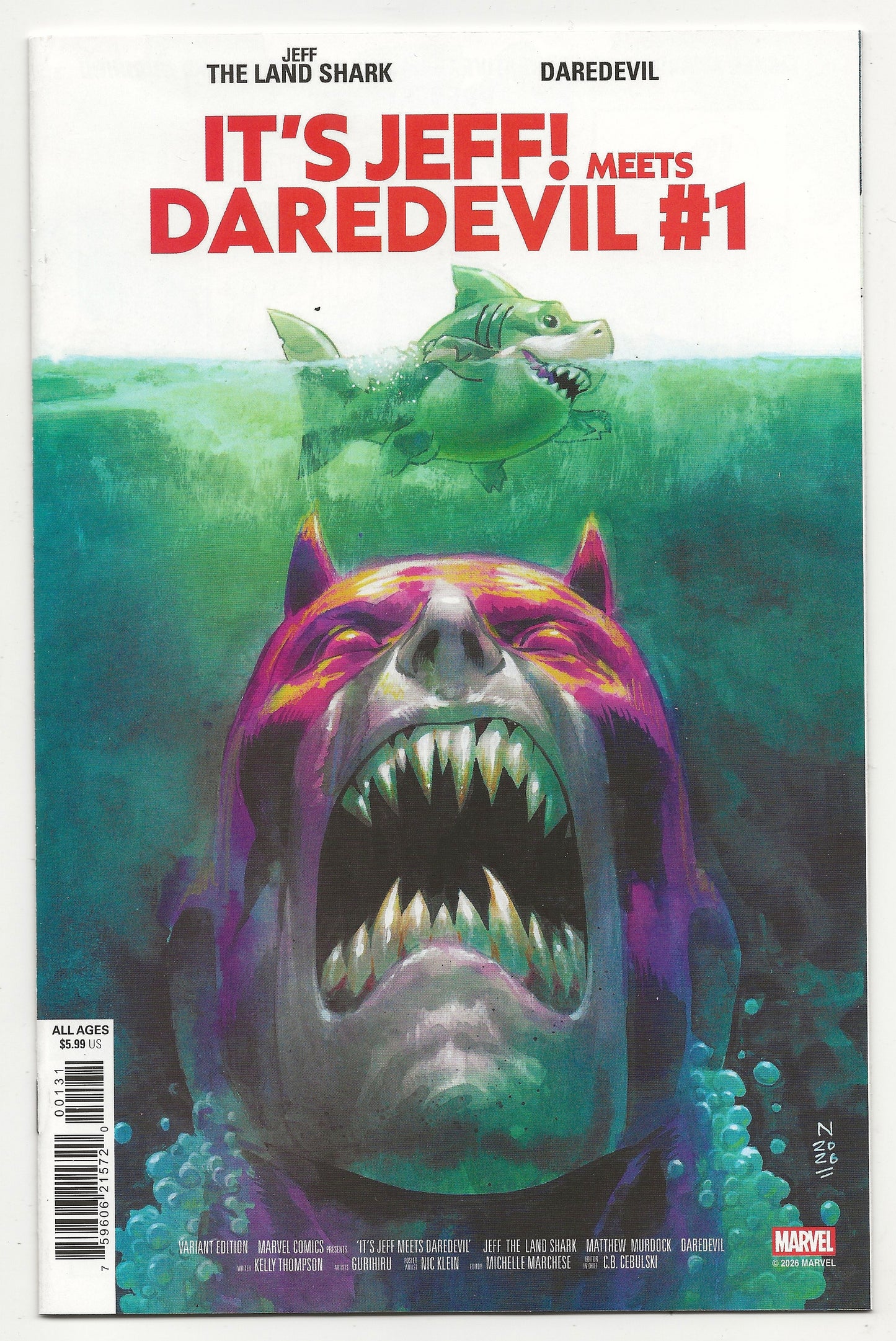It's Jeff! Meets Daredevil #1 (2026) Nic Klein Jaws Homage Variant - Marvel Comics