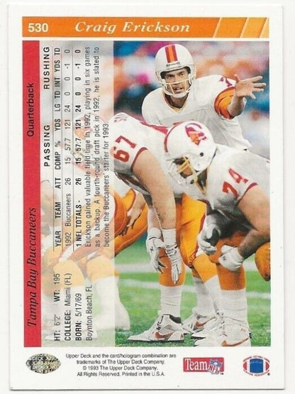 Craig Erickson 1993 Upper Deck #530 Tampa Bay Buccaneers Football NFL