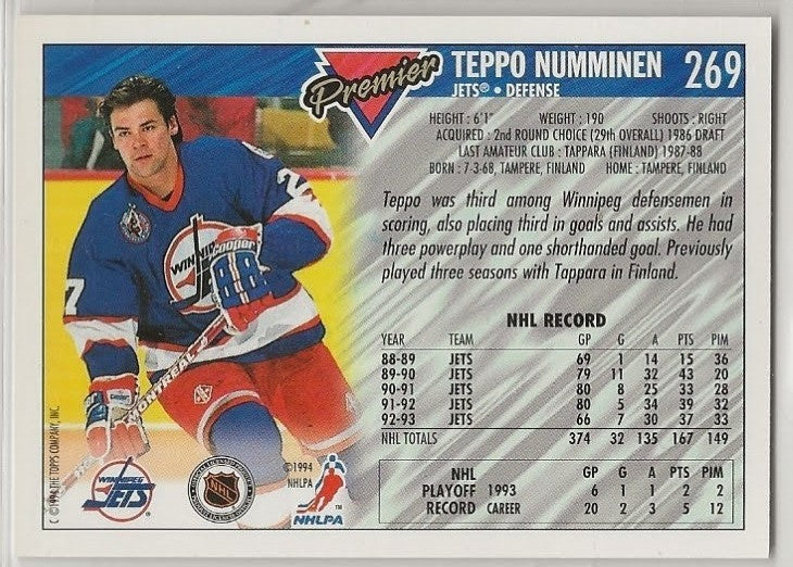 1993-94 Topps Premier - Teppo Numminen #269 Gold Premier