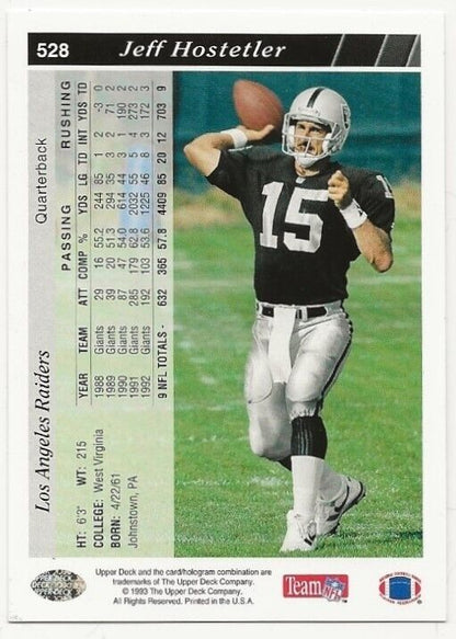 Jeff Hostetler 1993 Upper Deck #528 Los Angeles Raiders Football NFL