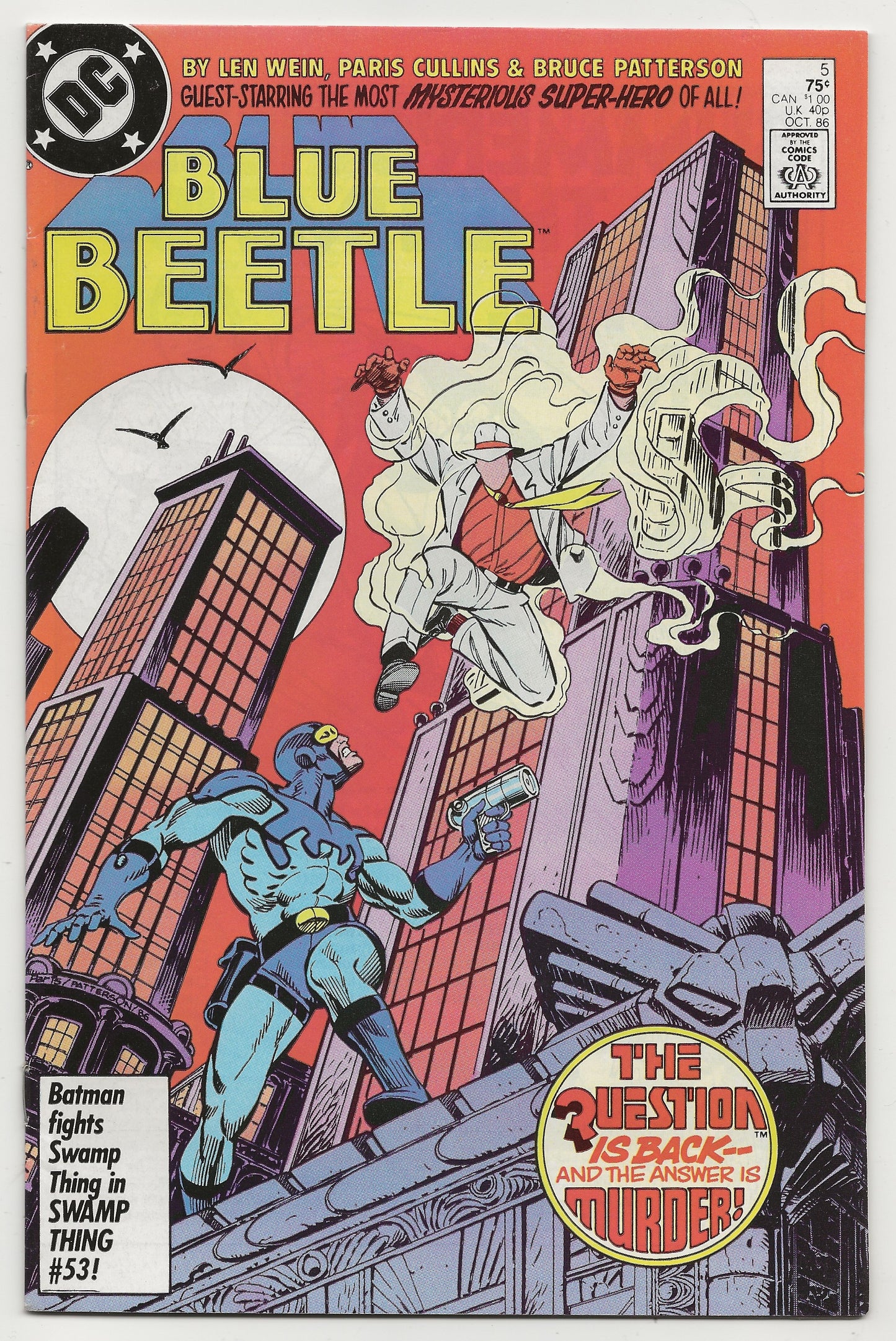Vintage comic book cover for Blue Beetle issue #53, featuring a blue-costumed hero in the foreground, a white-robed figure floating in the sky, and a cityscape in the background. The DC logo is visible in the top-left corner.