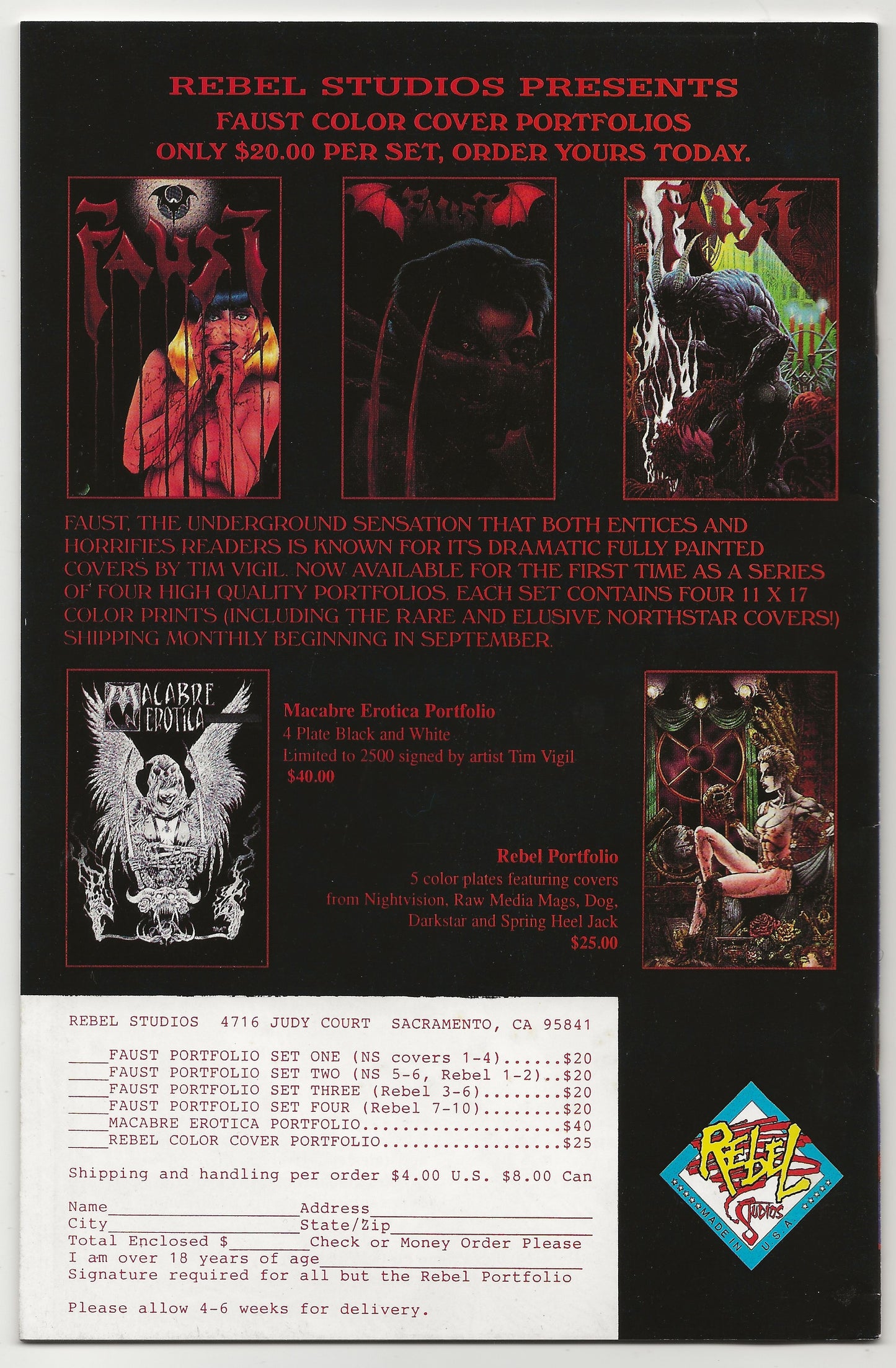 A vintage promotional flyer or catalog page for Rebel Studios' 'Faust Color Cover Portfolios' featuring artwork for various occult and horror-themed portfolios, pricing, shipping information, and a logo at the bottom.