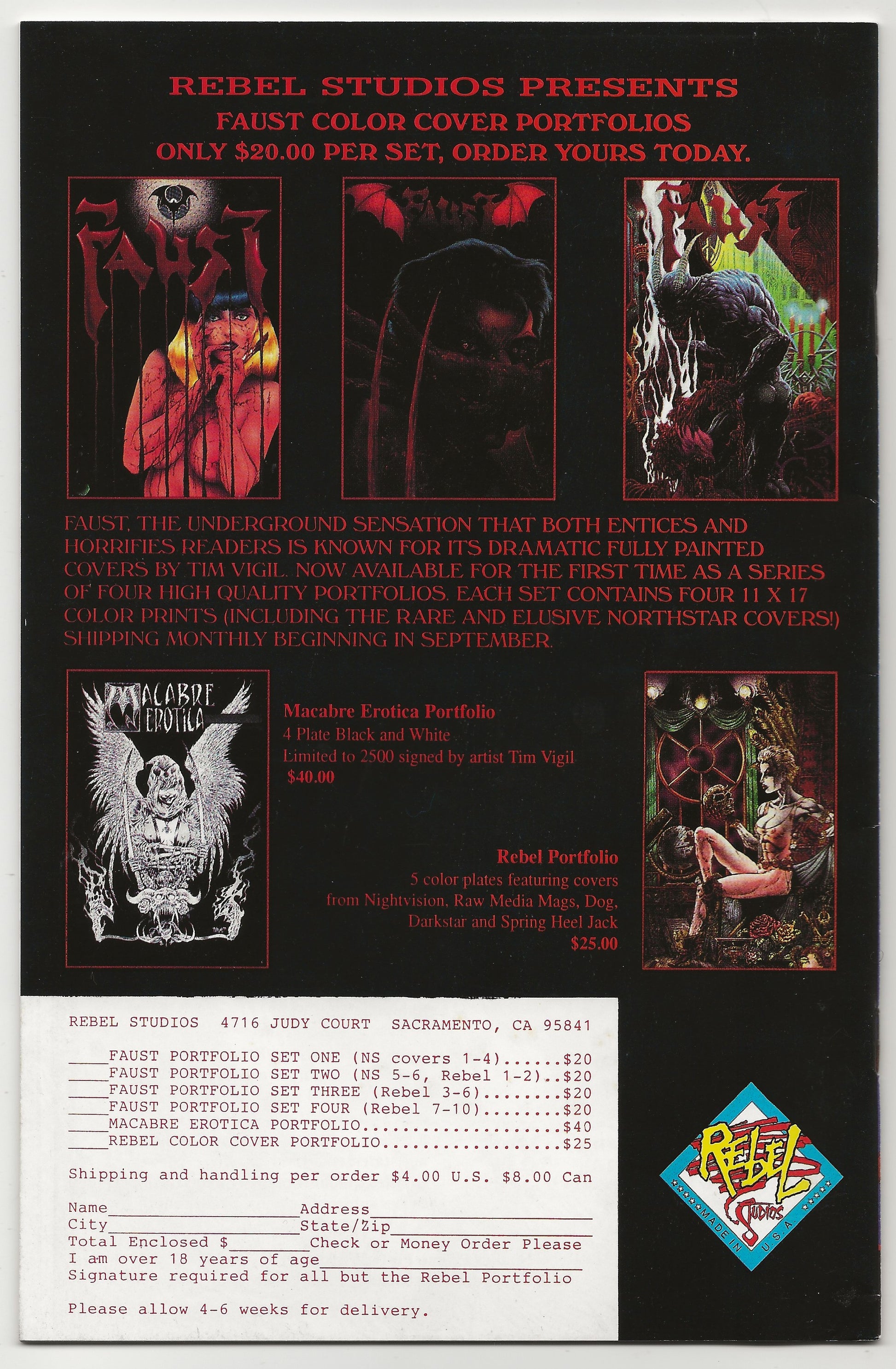 A vintage promotional flyer or catalog page for Rebel Studios' 'Faust Color Cover Portfolios' featuring artwork for various occult and horror-themed portfolios, pricing, shipping information, and a logo at the bottom.