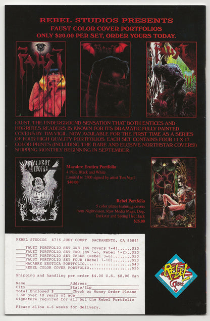 A vintage promotional flyer or catalog page for Rebel Studios' 'Faust Color Cover Portfolios' featuring artwork for various occult and horror-themed portfolios, pricing, shipping information, and a logo at the bottom.