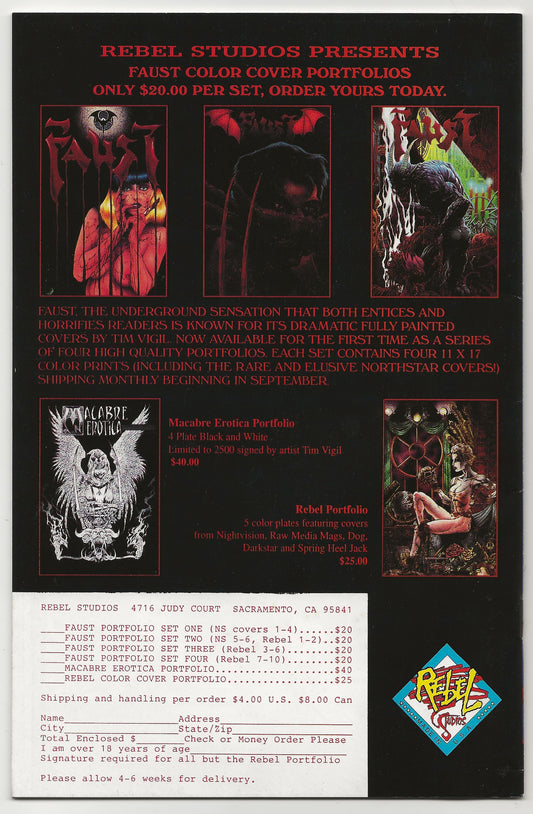A vintage promotional flyer or catalog page for Rebel Studios' 'Faust Color Cover Portfolios' featuring artwork for various occult and horror-themed portfolios, pricing, shipping information, and a logo at the bottom.