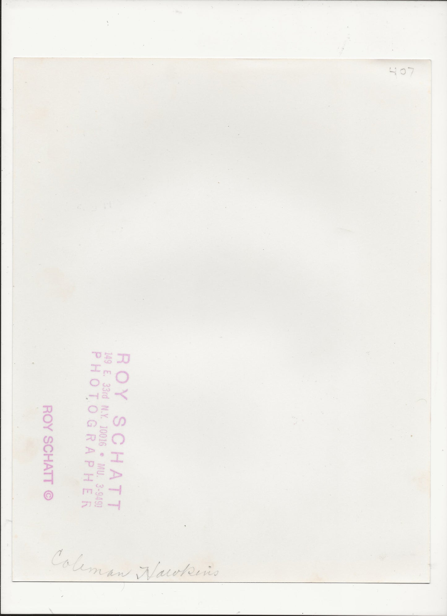 The back of a vintage postcard or photographic print, featuring a white paper background with pink printed text reading 'ROY SCHATT' and a handwritten signature at the bottom.