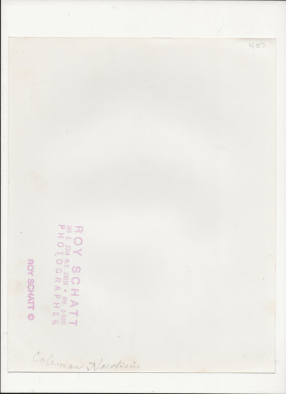 The back of a vintage postcard or photographic print, featuring a white paper background with pink printed text reading 'ROY SCHATT' and a handwritten signature at the bottom.