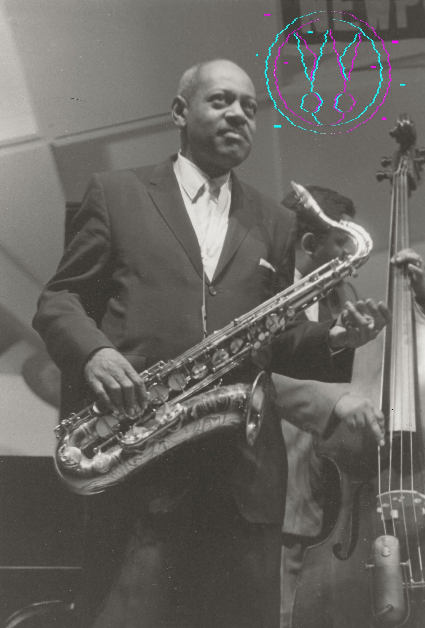 A black and white photograph of a jazz musician playing a saxophone, with another musician and a double bass visible in the background. A stylized graphic overlay is present in the upper right corner.